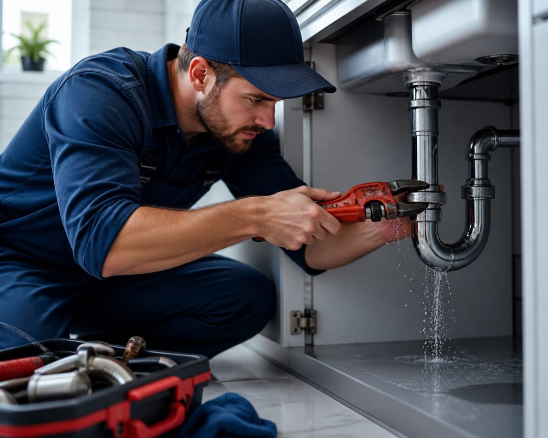 Plumber with tools ready for emergency repair